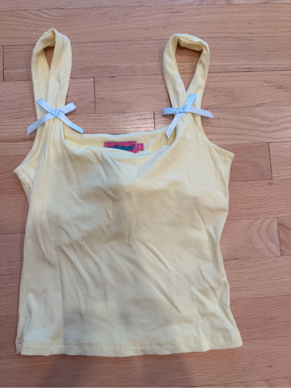 Edikted Pale Yellow Ribbed Tank with White Bow Straps